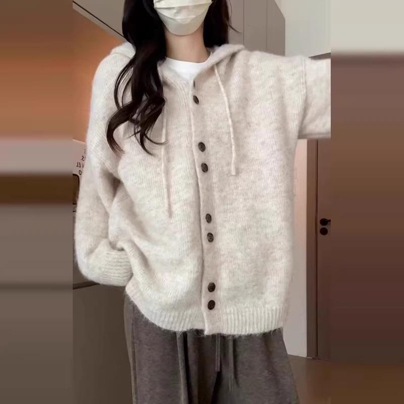 Hooded Cardigan Women's Autumn and Winter Soft Waxy Knitted Sweater Unique and Beautiful Age-reducing Long-sleeved Top Single-breasted Jacket