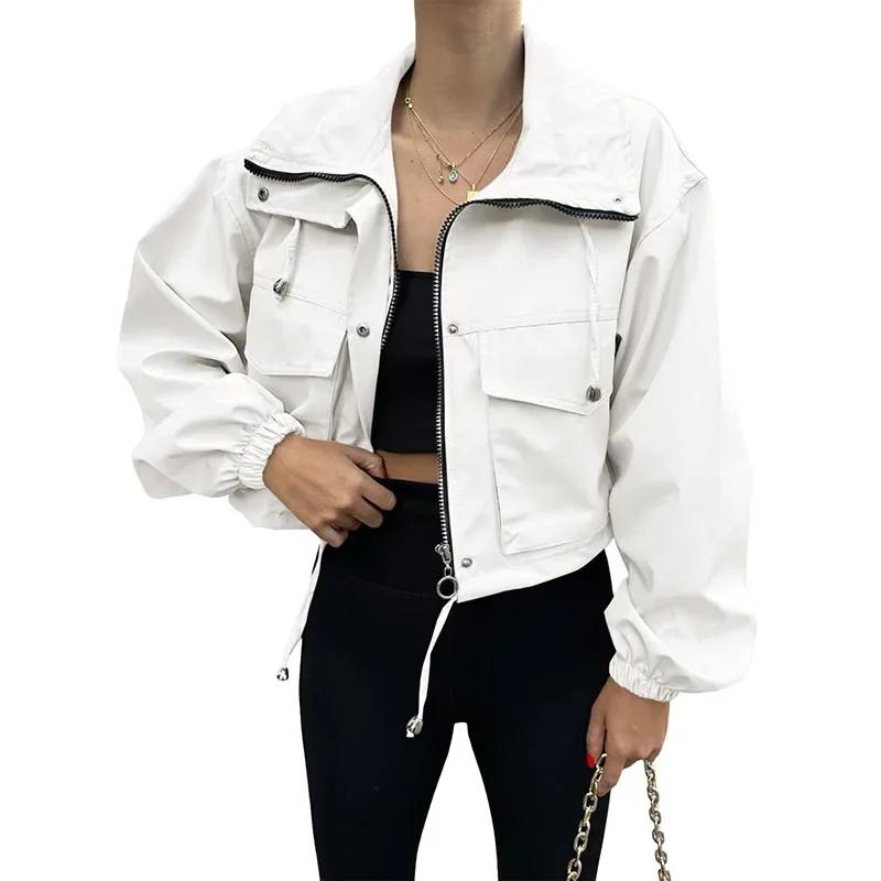 Cappotto Corto da Donna Casual con Coulisse, Monopetto, con Zip, Manica Lunga, Giacca da Donna Autunnale, Cappotti da Strada per Signora