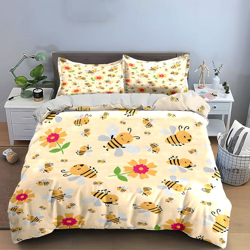 Cute Bees and Flowers Pattern Bedding Duvet Cover Set (1*Duvet Cover 2*Pillowcases, without duvet insert)