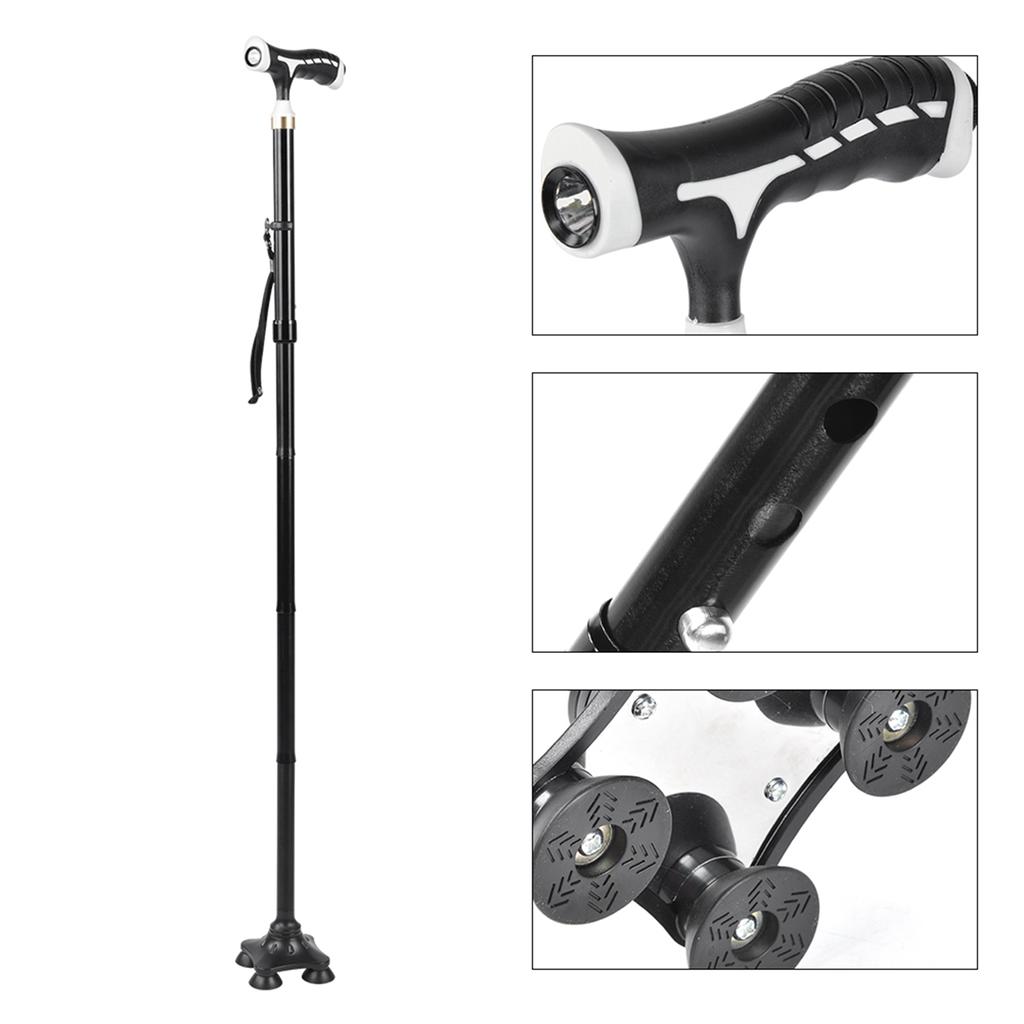 LED Light Aluminum Alloy Foldable Anti Slip  Elderly Crutches Handle Cane Walking Stick
