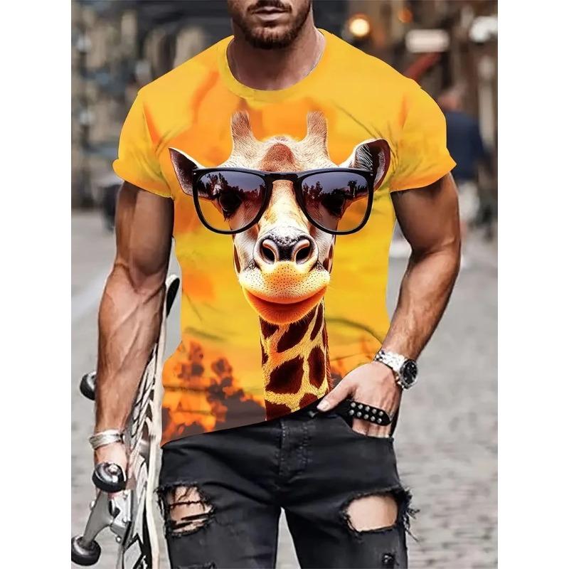 Summer Round Neck 3D Giraffe Graphic Print Top Fashionable Casual Short Sleeved Men's T-shirts