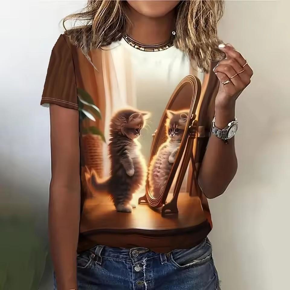 Summer Women's T-Shirts Cartoon Cat Print T-Shirt Harajuku Vintage Short Sleeved Tees O Neck Art Top Oversized Female Clothing