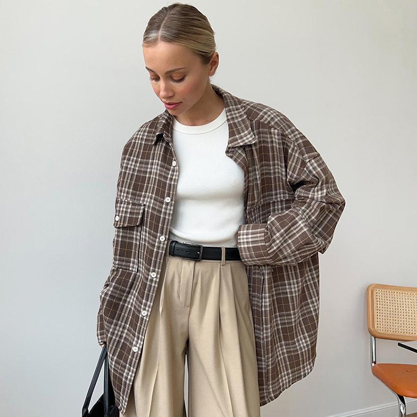 American Classic Plaid Polyester Cotton Lapel Loose Casual Shirt 1116 European and American Autumn Fashion New Women's Cardigan