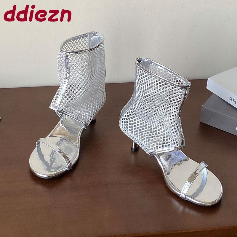 Fashion Female Zippers Ladies Heeled Sandals Booties Shoes Fashion Mesh Footwear Open Toe Modern Women Low Heel Ankle Boots Shoes