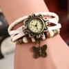 Vintage Cow Leather Watch Women Ladies Fashion Butterfly Beads Dress Quartz Wristwatch
