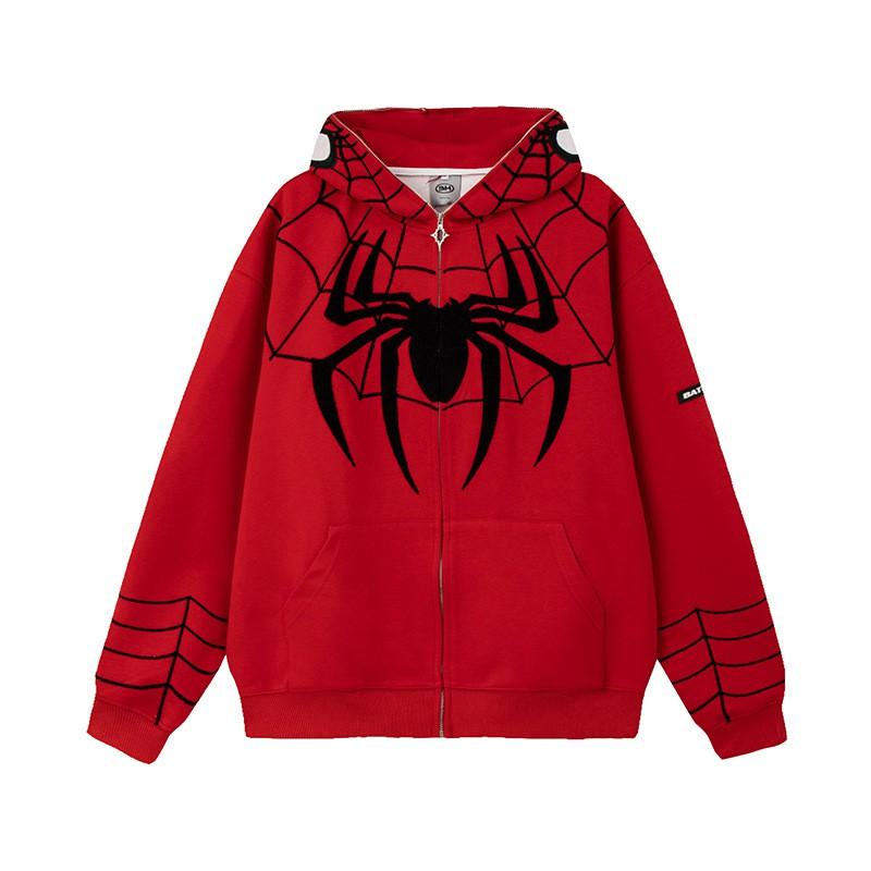 Spider-Man Embroidered Hooded Zip-Up Sweatshirt Unisex Oversized Thick Winter Pullover Cotton