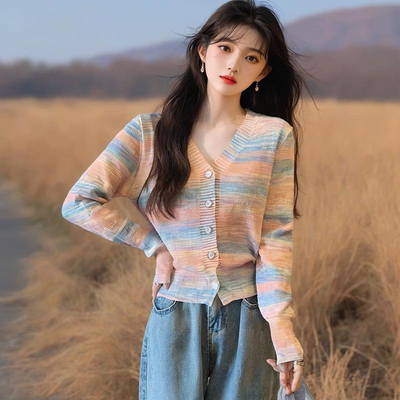2025 Autumn Women's Rainbow Stripe V-Neck Cardigan Sweater