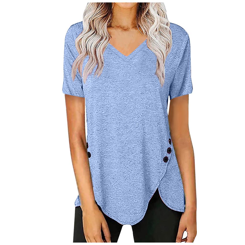 Summer Womens Trendy Irregular Hem Tops Sexy V-Neck T Shirts Short Sleeve Buttons Blouses Plain Daily Tees