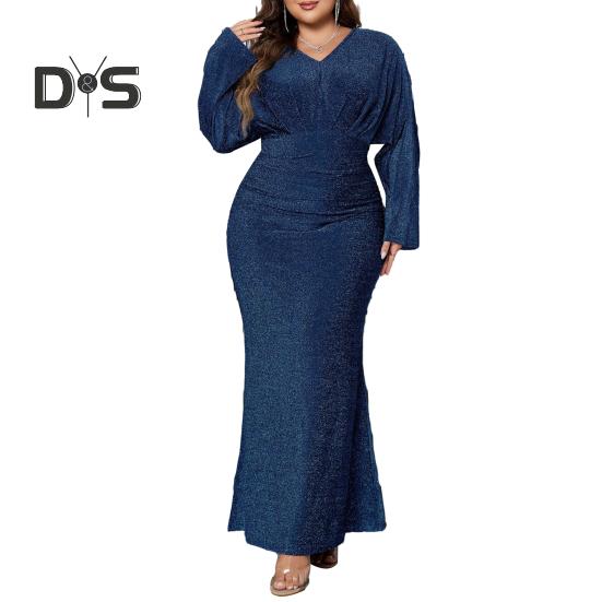 Abendkleid für Damen in Übergröße, V-Ausschnitt, lange Ärmel, hohe Taille, enges langes Kleid, einfarbig, glänzend, Fischschwanzkleid