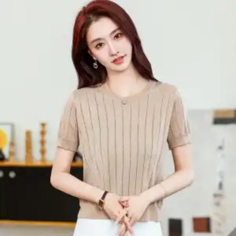 Women's Ribbed Knit Crew Neck Puff Sleeve Casual Slim T Shirt