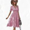 Women's Striped Dress, V-neck Elastic Waist, Short-sleeved, Wide-swing Dress