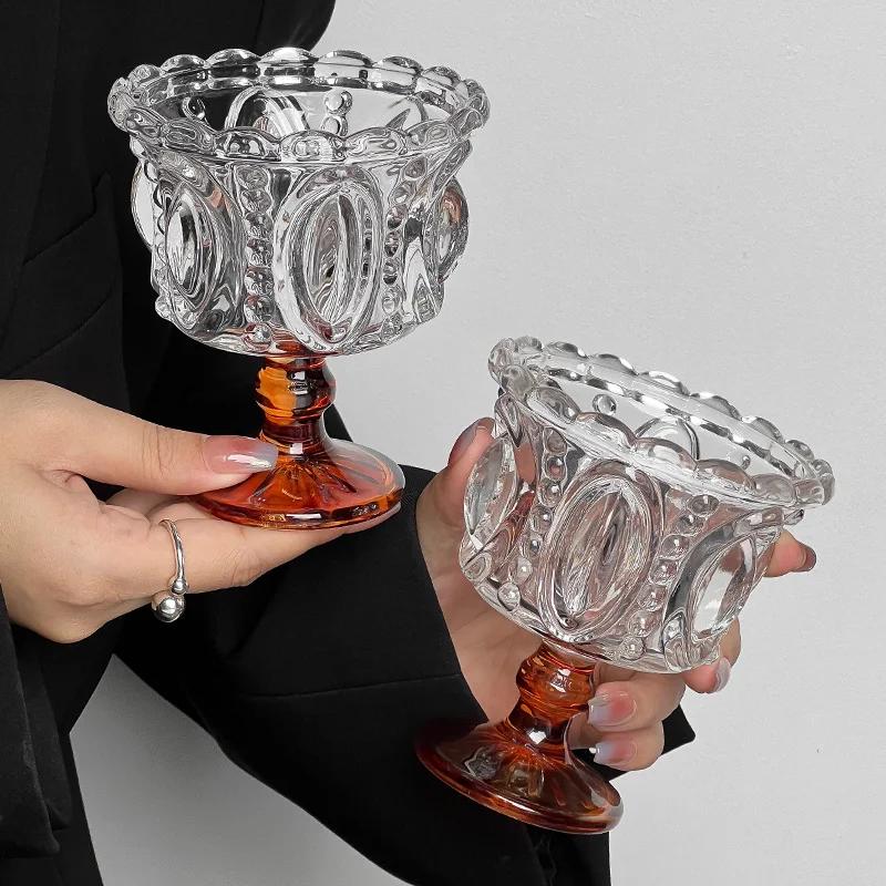 1/2pcs Retro Embossed Tall Glass Black Crystal Ice Cream Goblet Yogurt Dessert Cup Nordic Style Home Decor Creative Coffee Cup