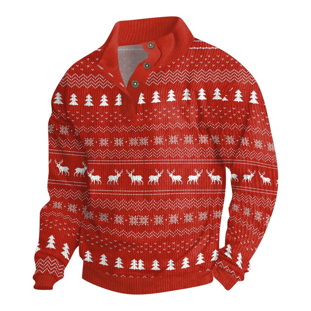 Men's Christmas Cotton Pullover Long Sleeve Outdoor Shirt Vintage Corduroy Button Stand Collar Shirt Casual Sweatshirt Christmas Print Top