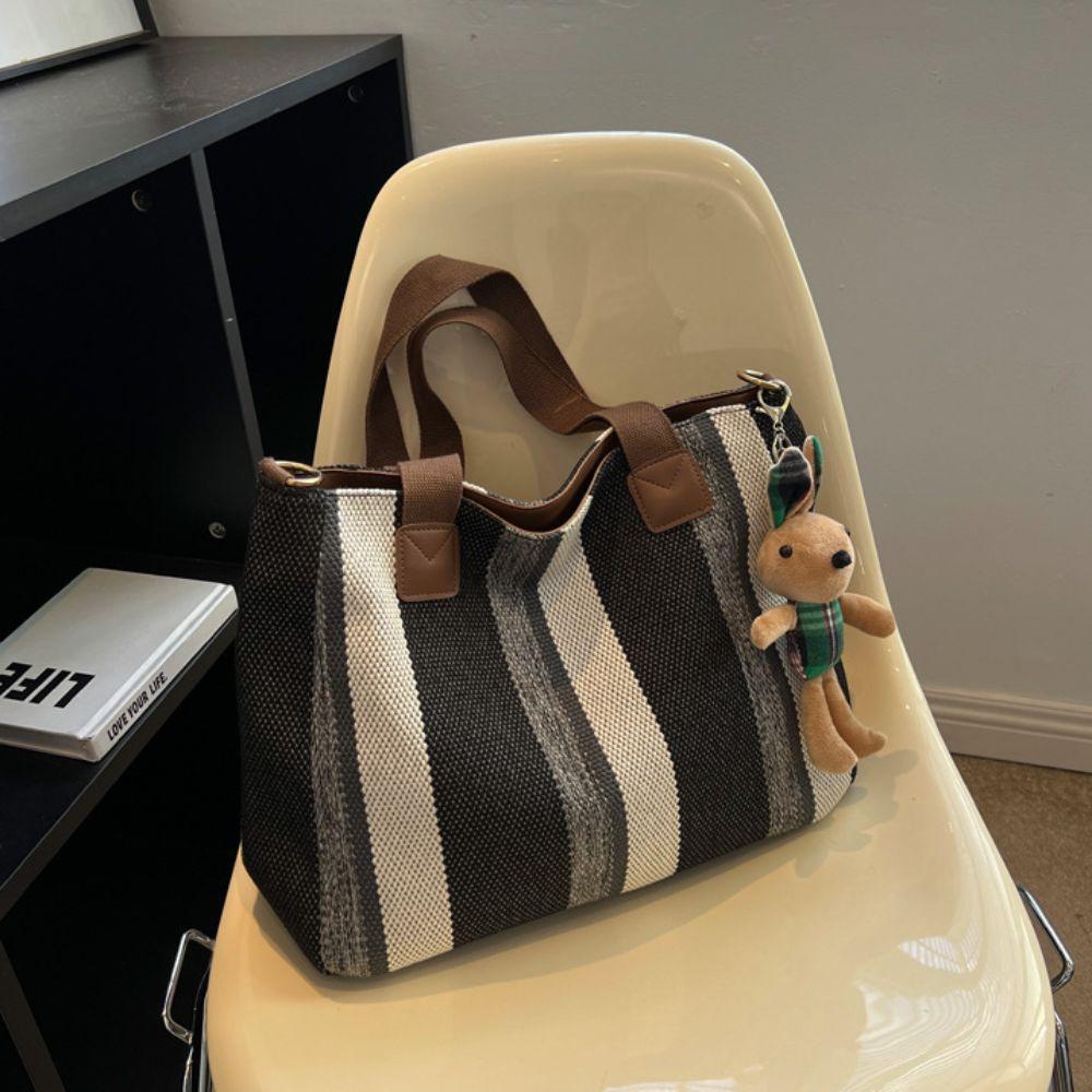 Versatile Stripe Tote Bag Casual Women's Bags Trendy Canvas Shoulder Bag  Shopping Bag