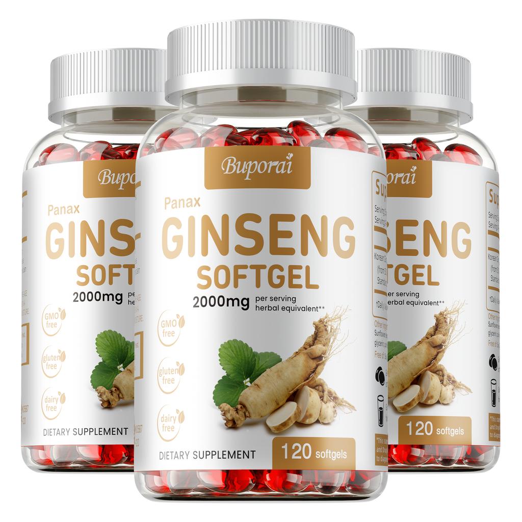 Buporai Ginseng Soft Capsules, containing 2000 mg, nutritional supplement, suitable for adults.