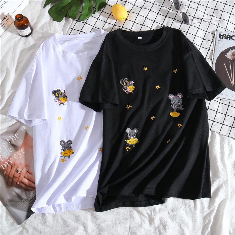 European Heavy Embroidered Cotton Women's Mid-Length White Short-Sleeve T-Shirt for Summer 2025