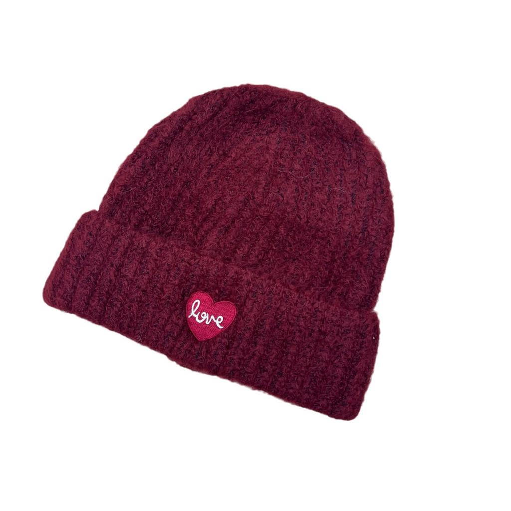 Red white warm knitted hat women's autumn and winter love embroidery casual versatile ear protection face small wool hat