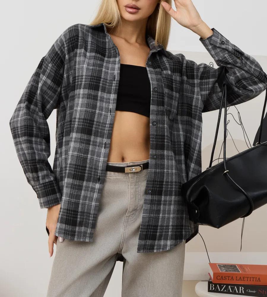 Women's Long Sleeve Shirt Retro Versatile Plaid Pocket Casual Shirt