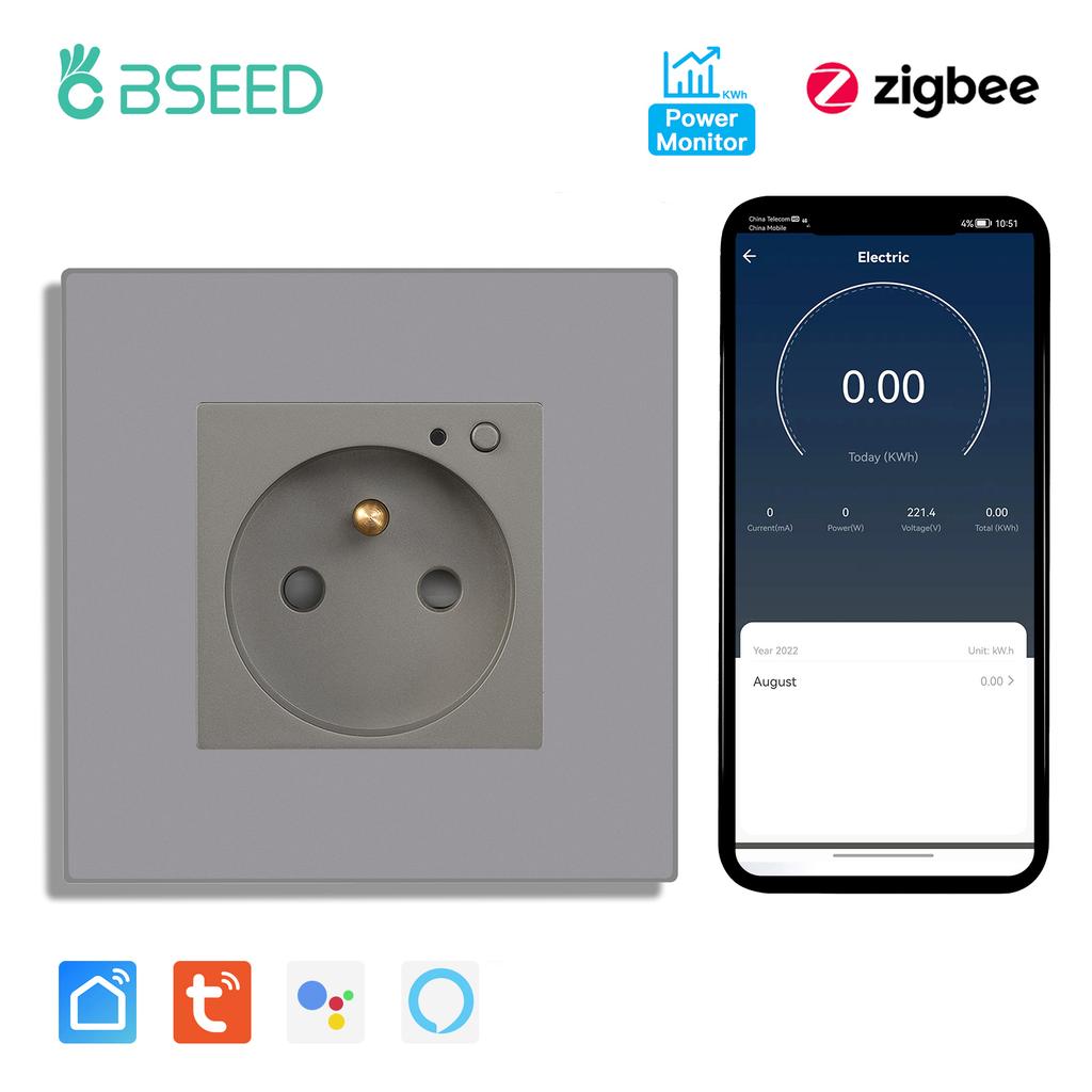 BSEED Zigbee French Smart Socket Doubel Wall Sockets Power Monitor Outlets Tuya Smart Life Alexa App Control Plastic Panel 16A