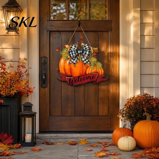 Thanksgiving Pumpkin Decoration Fall Welcome Sign, Door Hanger, Wooden Decor Harvest Sign Hanging Porch for Autumn Farmhouse Wall Solid Wood