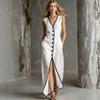 European and American New Linen Black Edge Contrasting Color Temperament Single-breasted Split-ended Sleeveless Holiday Dress