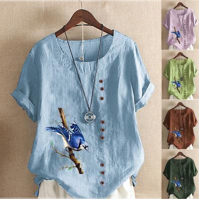 Women's Fashion Round Neck Short Sleeve T-shirt Casual Cotton Linen Graphic Shirt Leisure Loose Bird Prined Summer Blouse Tops Plus Size