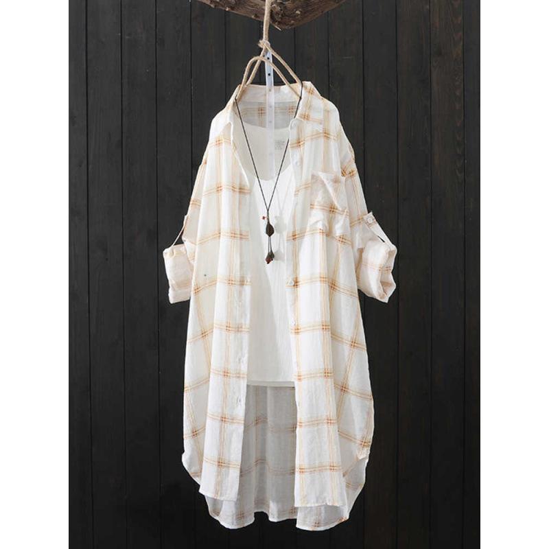 Plaid Shirt Women's Summer 1116 Loose Sunscreen Shirt Medium and Long Hong Kong Style Thin Coat