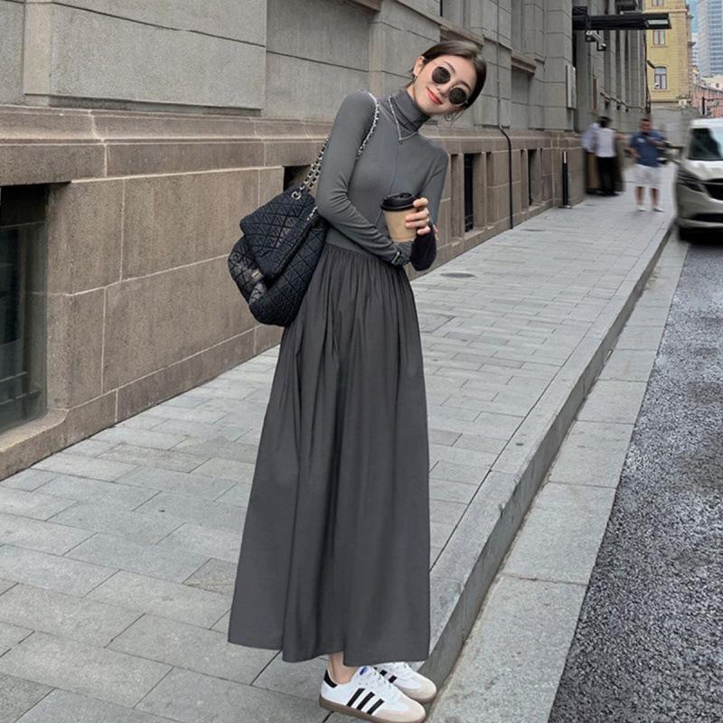 

Сукня-водолазка Довга спідниця Хепберн Чорна сукня з довгими рукавами Осінньо-зимова сукня XL сірий колір