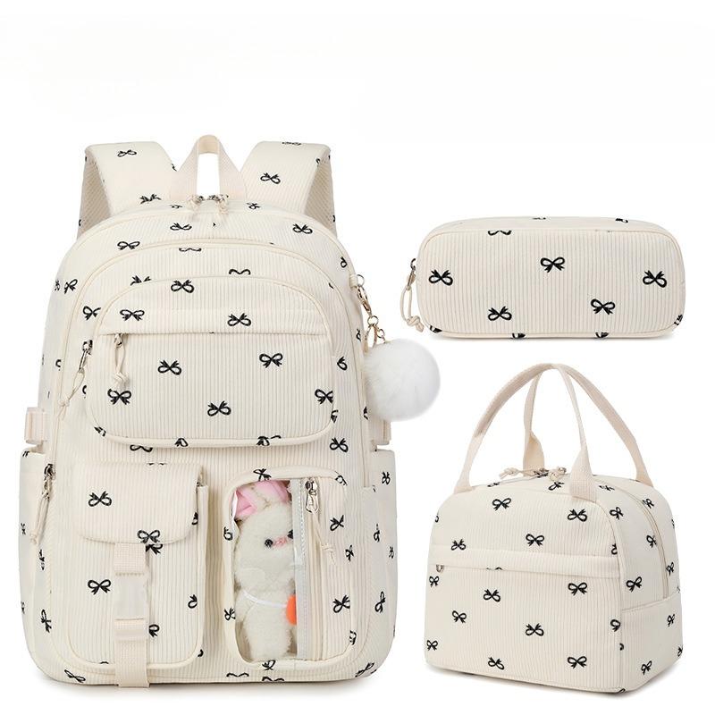 Set de 3 pièces Sac à dos d'école en velours côtelé avec sac à lunch trousse à crayons Sac d'école mignon pour fille Sac à livres Fraise Sac à dos pour adolescents Femmes