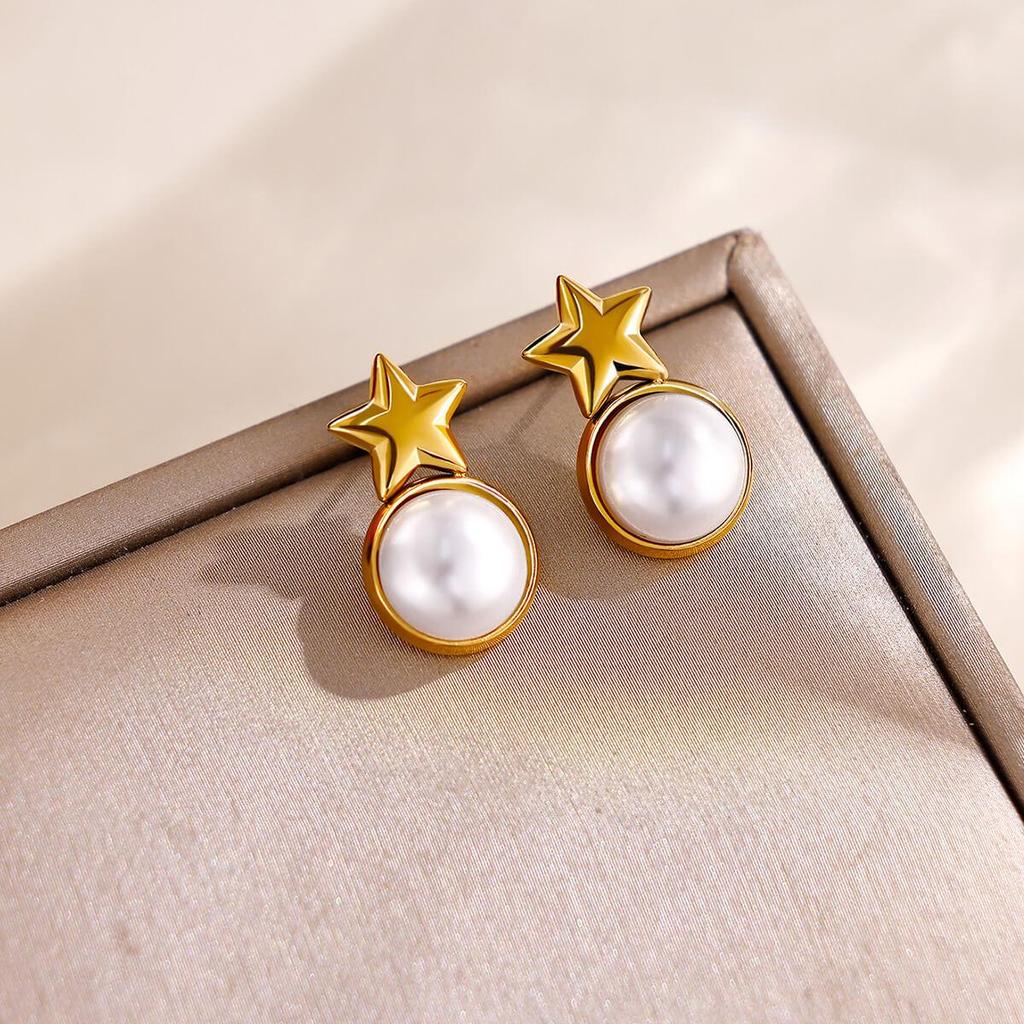 Cross Retro Pearl Temperament Earrings - 18K Gold Plated Stainless Steel with Diamond Inlaid Mother-of-Pearl Heart Bow Design