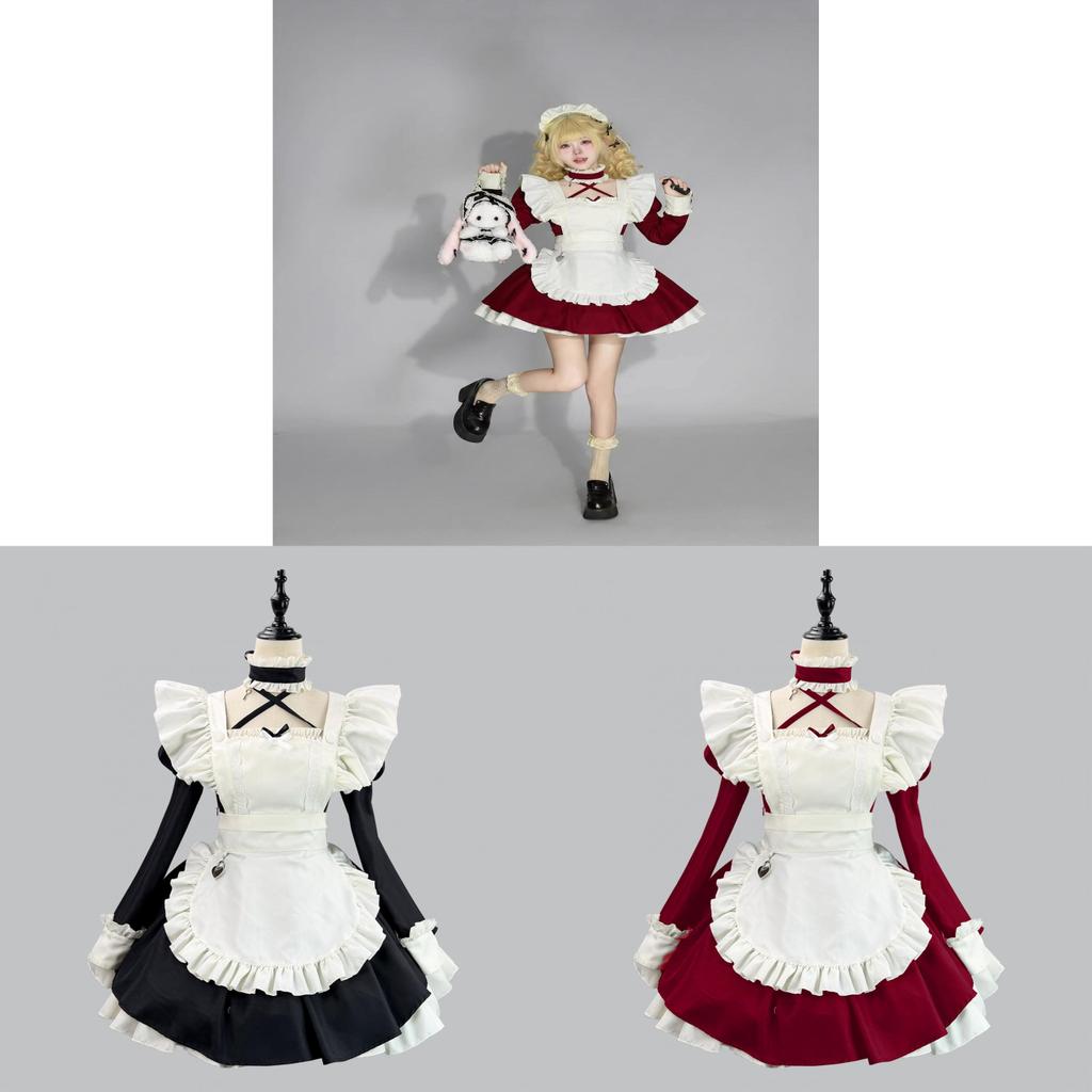 Japanese Anime Cosplay Maid Costume With Lace Ruffle Bubble Sleeves For Halloween And Conventions
