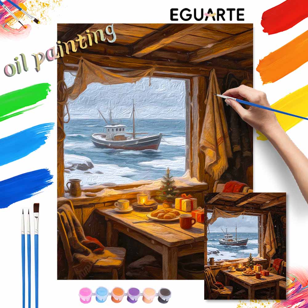 Christmas winter sea fishing boat snow scene digital painting oil painting art kit hand painting home decoration painting