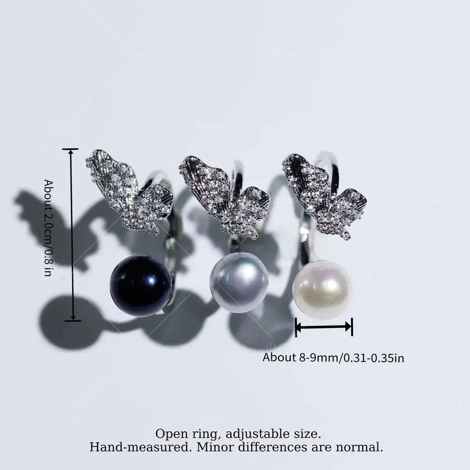 MYSOYA Adjustable Ring with 8-9mm Black, White, and Grey Freshwater Pearls, C482 US серый