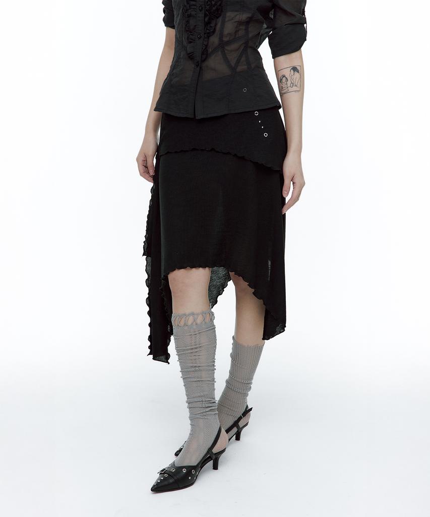 Rough Neck Asymmetrical Tie Knit Skirt Black