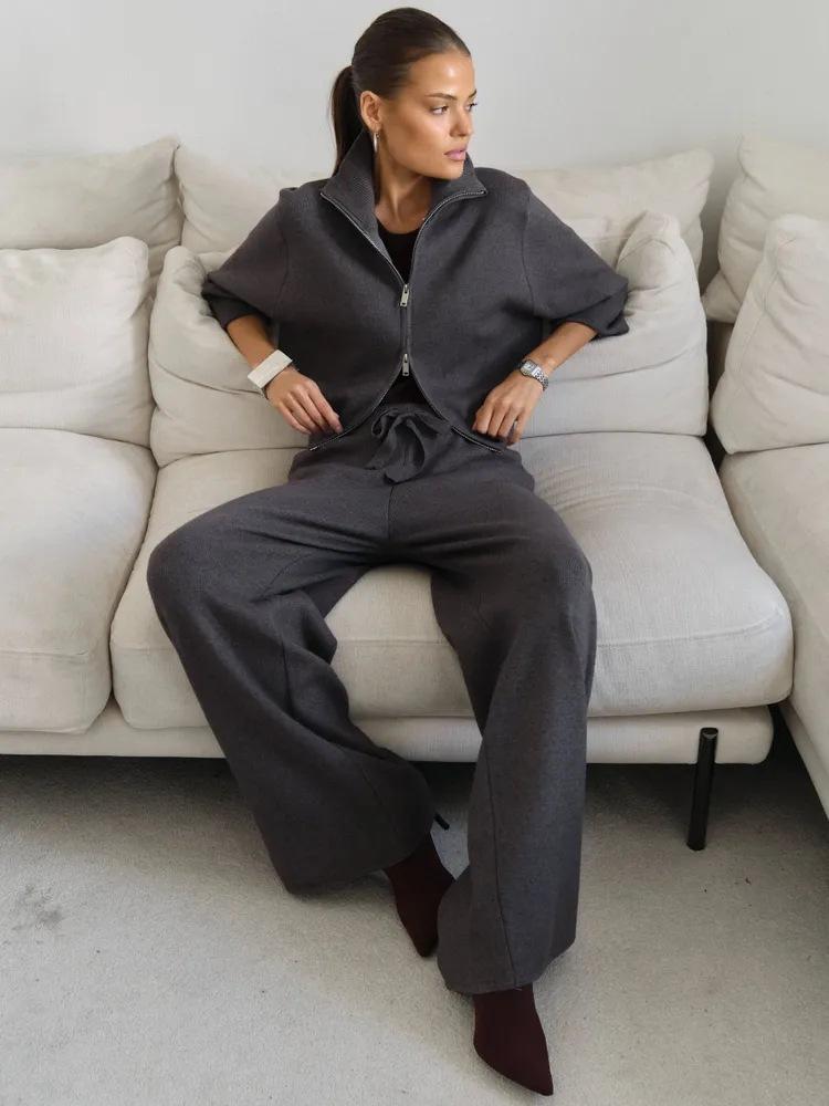 Double-open zipper sweater set, European, American autumn and winter new temperament commuting fashion casual wide-leg pants two-piece set