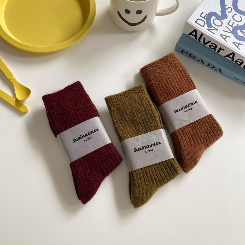 1 Paar Damen Baumwolle Lockere Socken Herbst Winter Strick Einfarbig Lang Schwarz Rosa Koreanisch Japanisch Studentinnen Strümpfe Retro