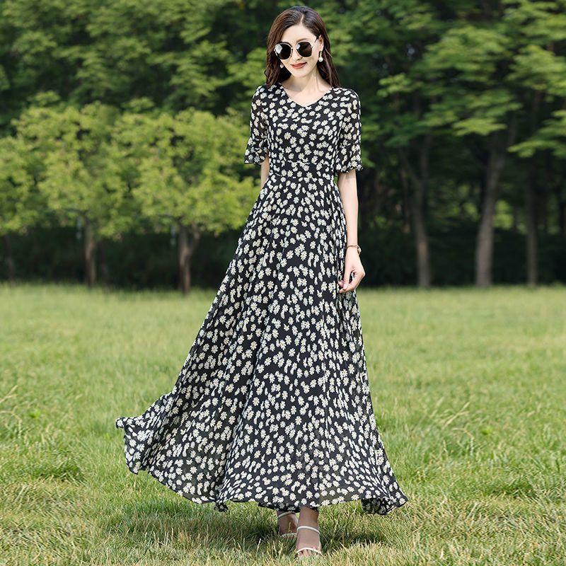 Women's Floral Print Maxi V-neck Short Sleeve High Waist Chiffon Casual Summer Dress