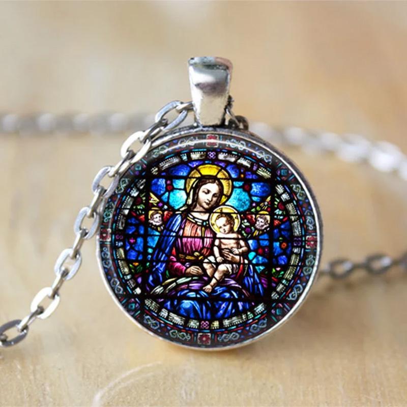 Christian The Holy Family Necklace Round Jesus Glass Dome Cabochon Pendants Necklaces Religious Jewelry