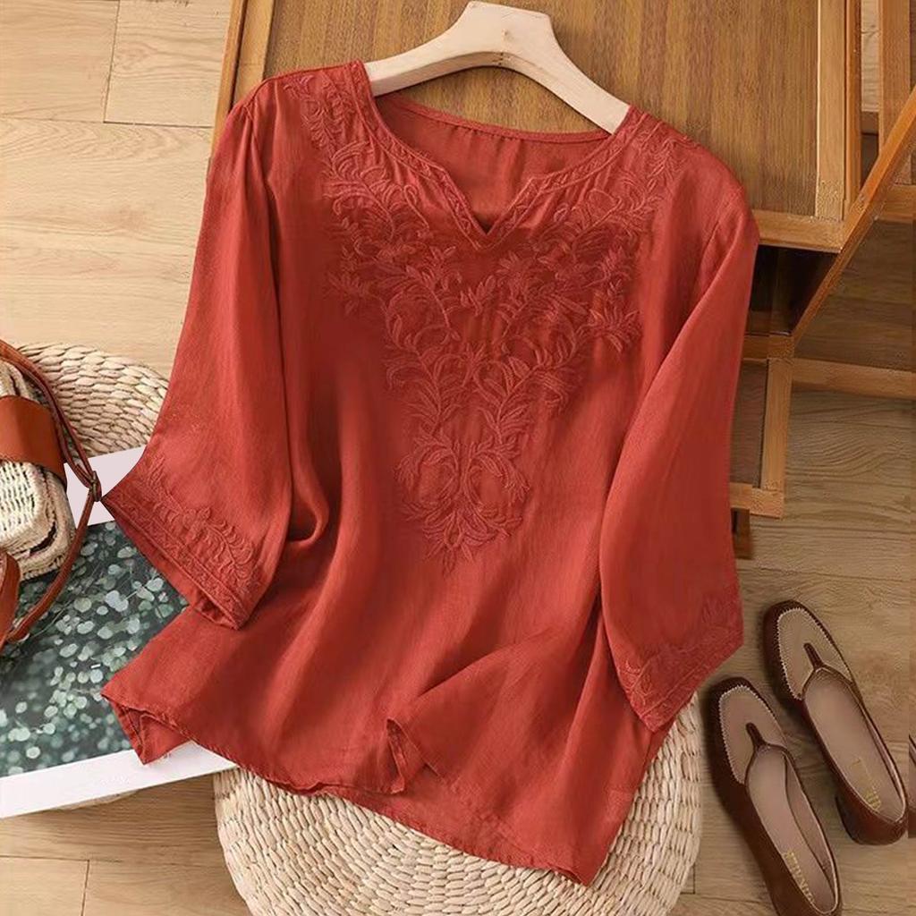 Women's Vintage Inspired Loose Fit Embroidered Mid Length Sleeve Cotton Linen Blend Top