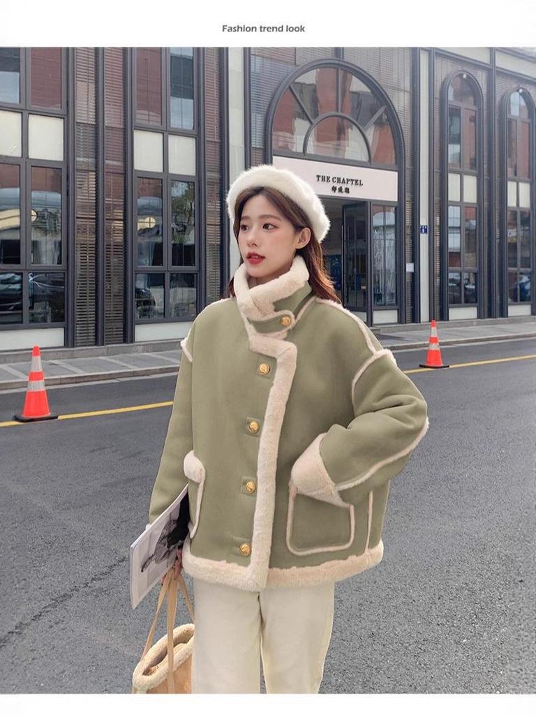 Manteau en peluche de laine d'agneau écologique: Chaud, Polyvalent, Col montant Automne & Hiver