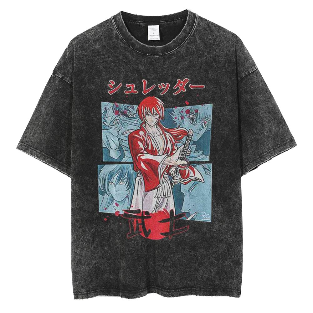 Harajuku Anime Rurouni Kenshin Himura Kenshin Print Tshirt Men Manga Oversized Tshirts Washed Cotton Tee Male Casual T Shirt