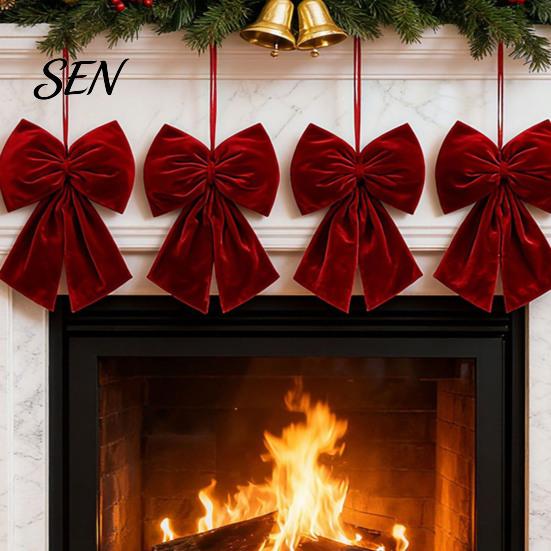 Decorative Velvet Bows for Wreaths Christmas Flocked Fabric Bow, Large Red Bow with Hanging Strap, Mall Window Displays Festive Pendant Tree, Holiday