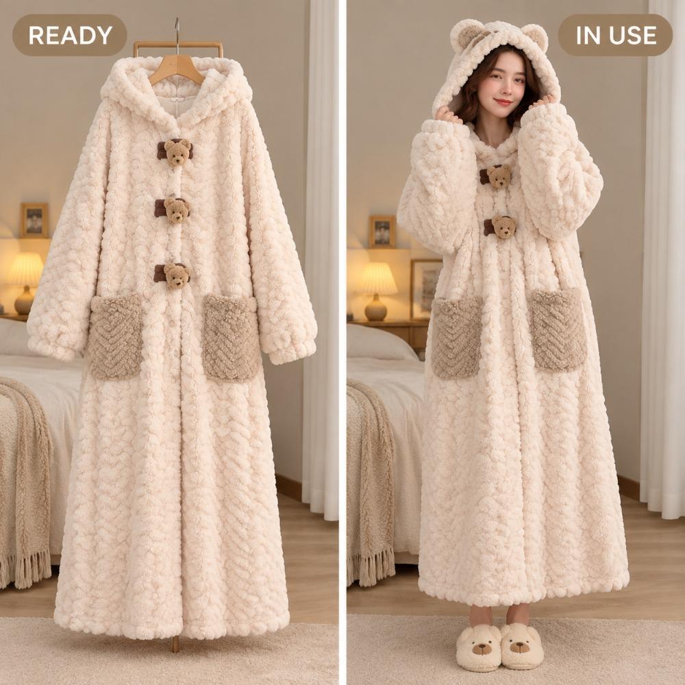 Women Coral Fleece Bathrobe Hooded Flannel Robe Set Thick Warm Loungewear Fall Winter