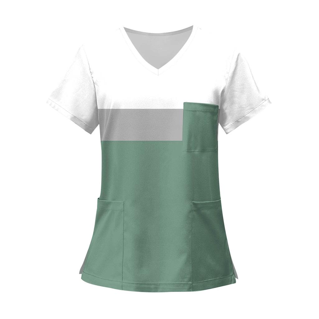 Women's Fashion Printed Short Sleeve V Neck Pattern Tops Pocket Working T-shirts