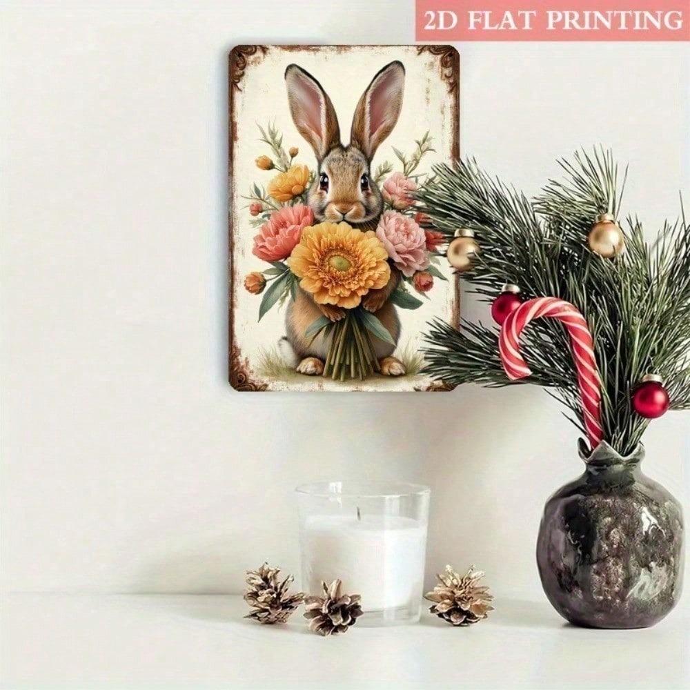 Vintage Shabby Chic Easter Bunny Metal Sign Peach Pink Flowers Farmhouse Wall Art