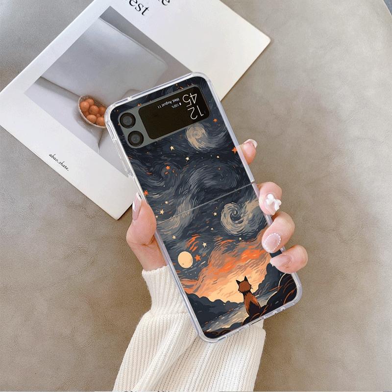 Oil Painting Black Cat Starry Sky Phone Case for Samsung Galaxy Z Flip 7 Flip 6 5 4 3 5G Folding Cover for Z Flip7 Flip5 Fundas
