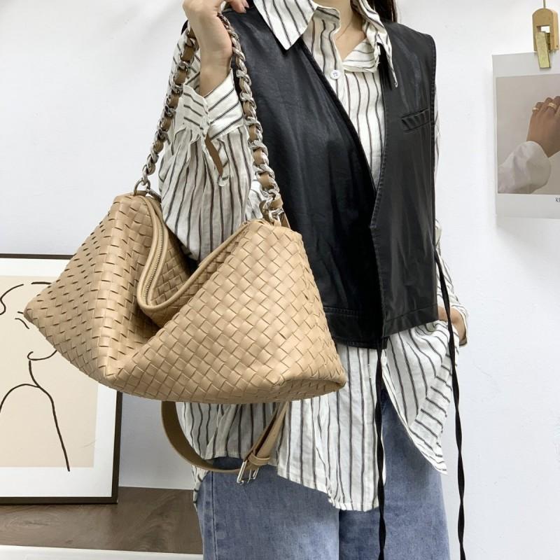 Large Capacity Woven Leather Tote Bag Chain Strap Crossbody Commuter Women
