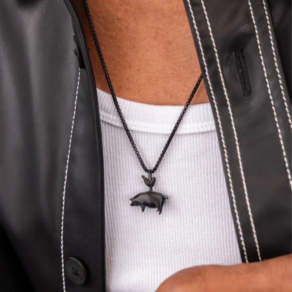 Pig and Hen Pendant Necklace - Black X Black