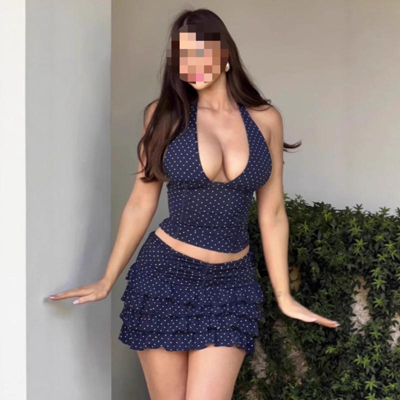 European and American Spring Women's Clothing Pure Desire Sexy Hanging Neck Vest Slim Fit Polka Dot Wrapped Hip Short Skirt Set