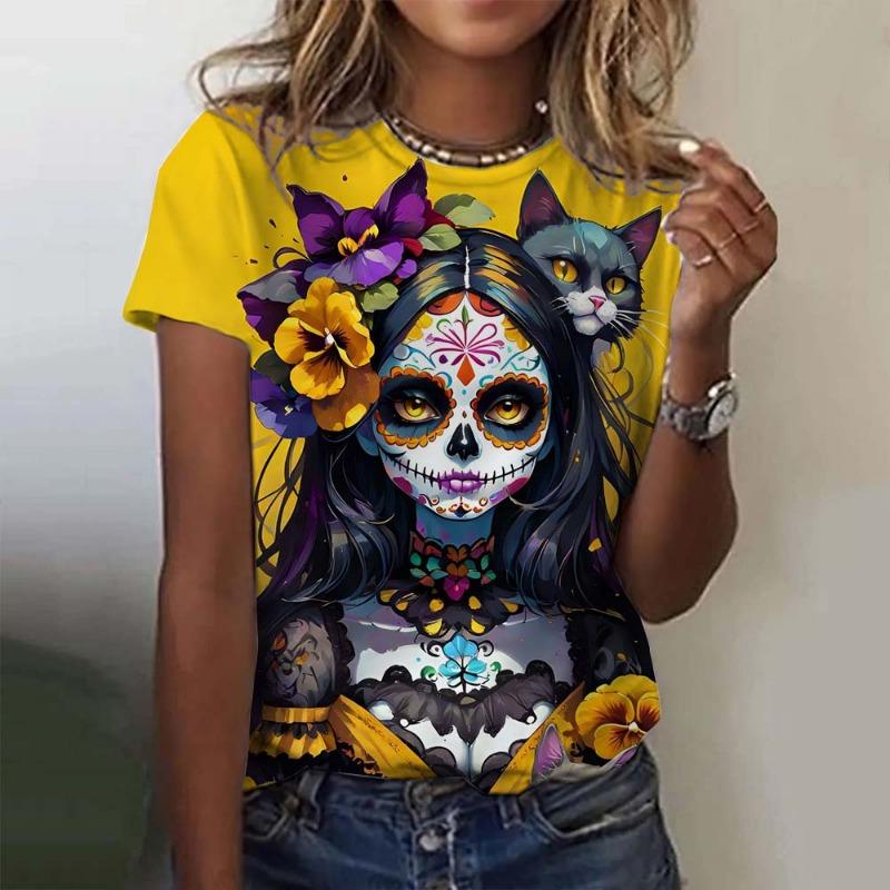 Fashion Women's T-shirt for Girls Summer Short Sleeve Sexy Girls Clothes Day of the Dead Undead Skull Pattern oversized T-shirts
